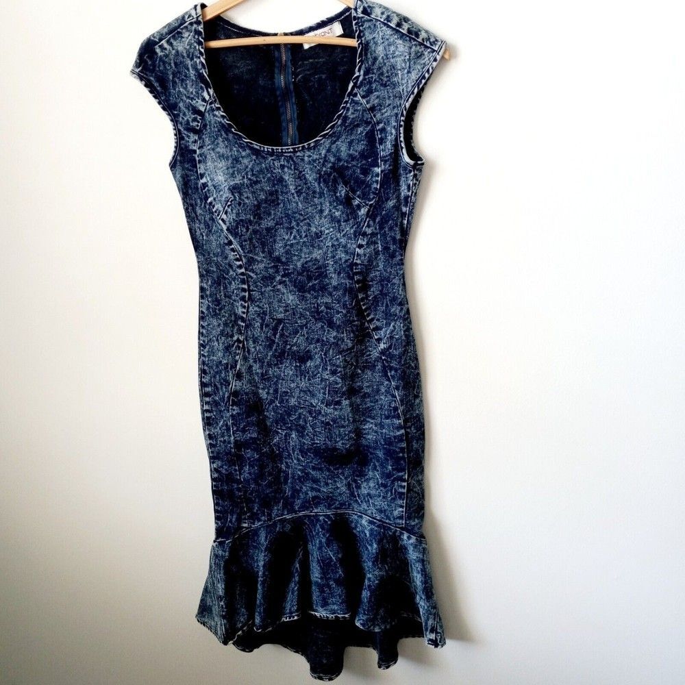 VIBRANT MIU Bodycon Ruffle  Longlines Acid Wash Exposed Zipper sz:S